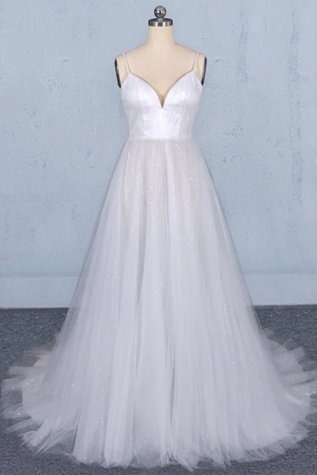 White Strap Tulle Sequins Long Prom Dress Hand Made Custom Evening Dress Ss615