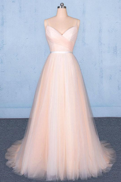 Pink V Neck Sleeveless Tulle A Line Prom Dresses Straps Tulle Evening Dress SS619