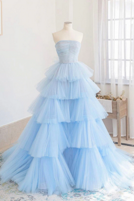 Blue Strapless tulle long prom dress Hand made Custom tulle evening dress SS624
