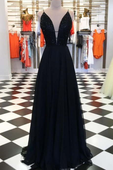 V-neck Prom Dress Black Full Length Evening Dress SS627