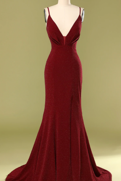 Burgundy V-neck Evening Dress Prom Dress Full Length Party Dress SS636