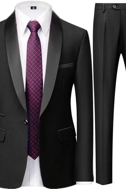 Men Mariage Color Block Collar Suits Jacket Trousers Waistcoat Male Business Casual Wedding Blazers Coat Pants 2 Pieces Set Ms14