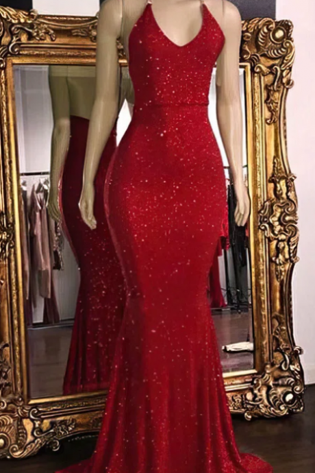 Red Trumpet/mermaid V-neck Sequined Sweep Train Prom Dresses Evening Dress Ss640