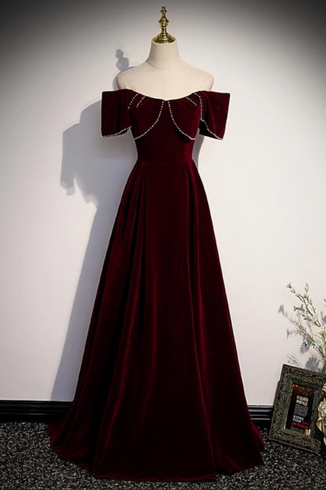 Wine Red Off The Shoulder Beaded Long Party Dress Prom Dress Evening Dress Bridesmaid Dresses SS643