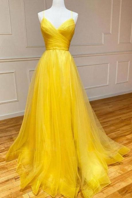 Yellow V-neck Tulle Long Prom Dresses hand Made Evening Full Length Formal Dresses SS645