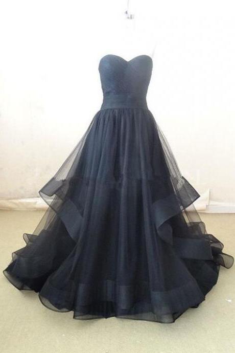 Elegant Black Strapless Prom Dress Tulle Sweetheart Long Evening Dress SS649