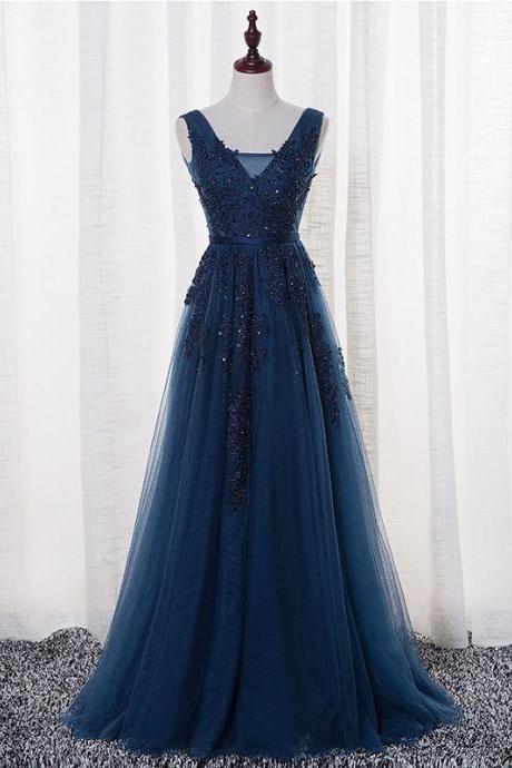 Dark Navy Backless Lace Appliques Evening Dress Tulle Prom Dresses With Illusion V Neck SS652