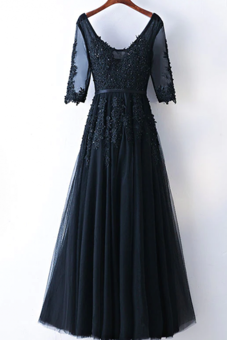 Navy Blue v neck tulle lace applique long prom dress evening dress SS653