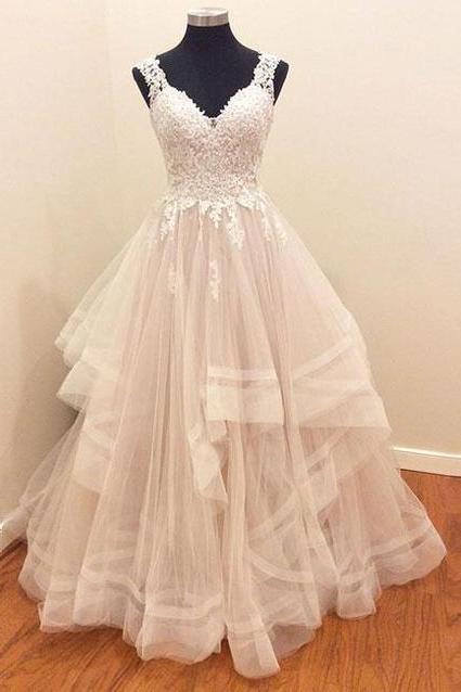 Ivory V neck lace appliques fluffy Bridal Gown elegant long wedding dress SS657