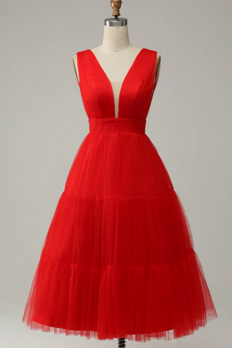 Red Elegant V Neck Tulle Formal Prom Dress Evening Dress Ss672