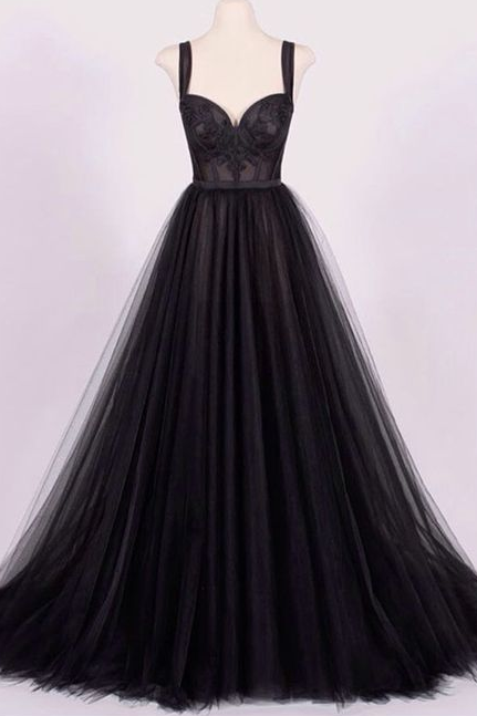Black A-line Tulle Formal Prom Dress Beautiful Long Evening Dress Ss675
