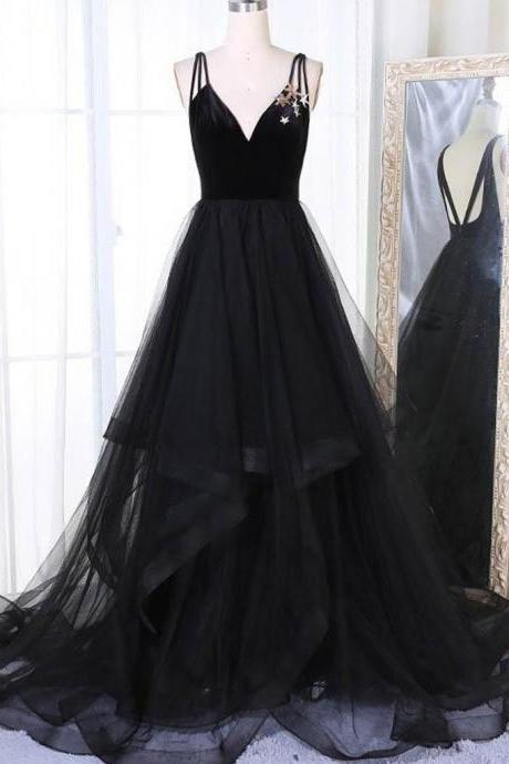 Black A Line V Neck Tulle Formal Prom Dress Hand Made Long Evening Dress Ss676
