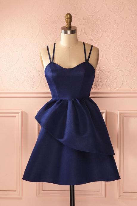 Navy Blue Strap Hand Made Prom Gowns Mini Short Homecoming Dress SS687