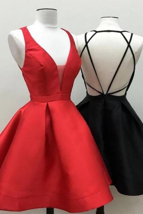 Red Black Satin Short Homecoming Dress Backless Prom Evening Party Gowns Cocktail Gowns SS689