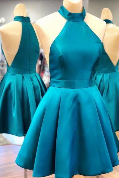 Blue Halter Satin Homecoming Dresses Simple Prom Party Dresses Ss690