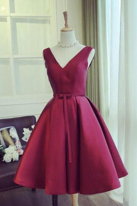 Lovely V-neckline Wine Red Prom Dress Satin A Line Cocktail Dresses Ss694