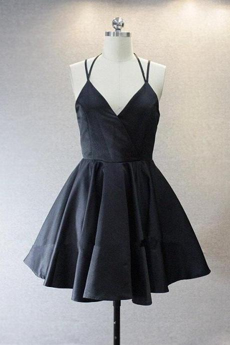 Black Spaghetti Strap A Line Short Prom Dress Homecoming Dress Ss695