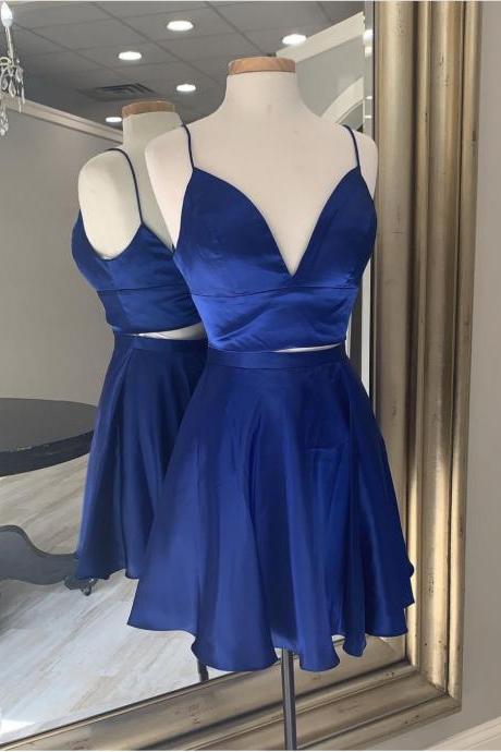 Hand Made Custom Royal Blue 2 Pieces Homecoming Dress Short Evening Dress Ss698