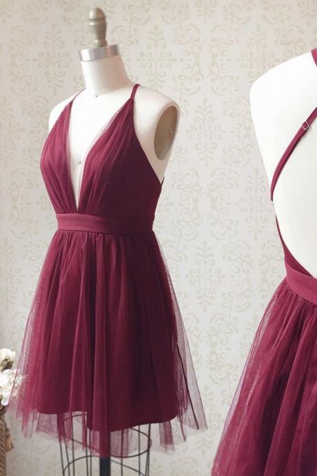 Simple V Neck Tulle Short Prom Dress Hand Made Burgundy Homecoming Dress Ss699