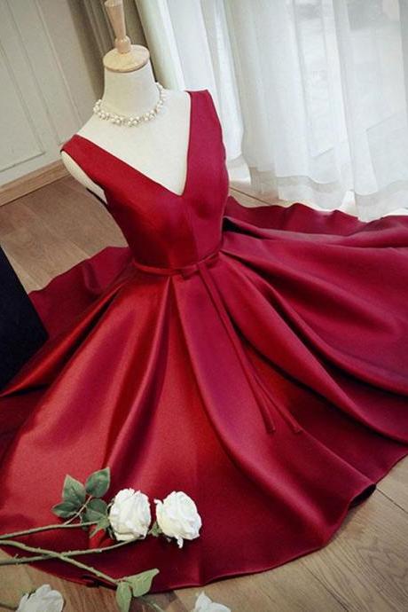 Hand Made Burgundy V Neck Short Prom Dress Evening Dress Ss701