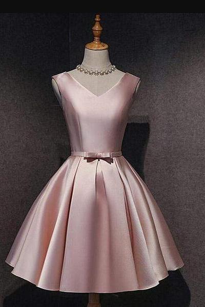 Pink Short Satin V Neck Evening Party Dress Homecoming Dress Ss705