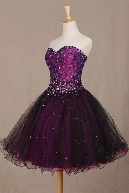 Cute Purple Short Evening Party Dress Sweetheart Beaded Lovely Prom Dresses Cute Party Dresses Ss690