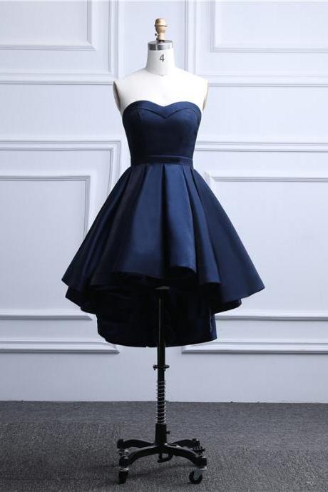 Navy Satin High Low Prom Evening Party Dress Sweetheart Formal Dress SS692