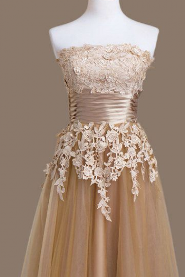 A-line Lace Appliques Prom Dresses Strapless Tulle Homecoming Dress Evening Dress Ss693