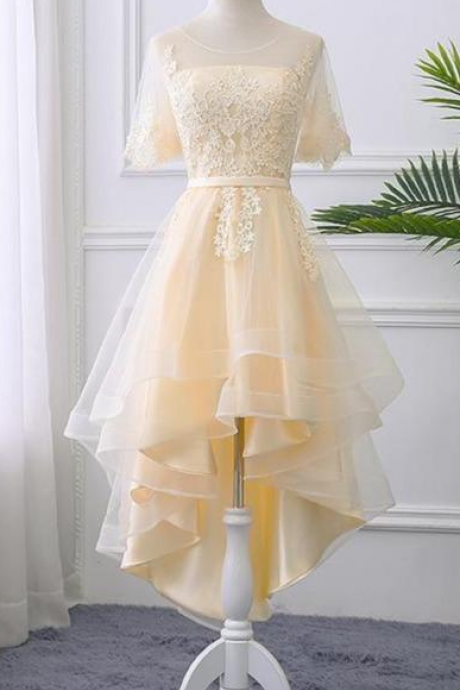 Hi-lo Evening Brithday Party Dress With Lace Applique Homecoming Dress Ss699