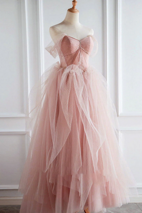 Pink Sweetheart Neck Tulle Long Prom Dress Evenign Dress Hand Made Sweet 16 Dress Ss709