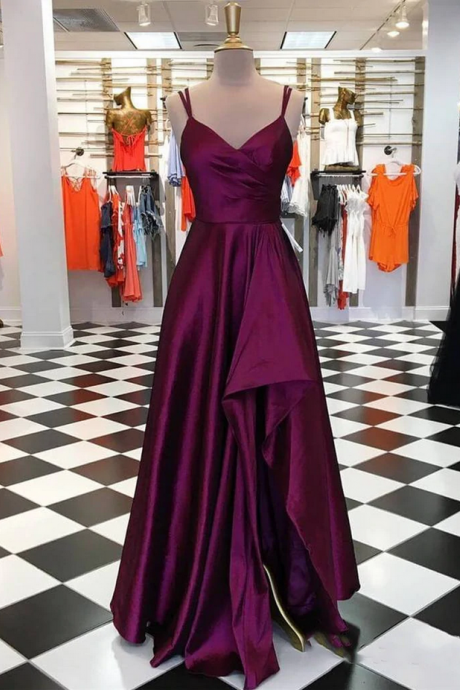 Purple A Line V Neck High Low Satin Prom Dresses High Low Formal Hand Made Evening Dresses Ss711