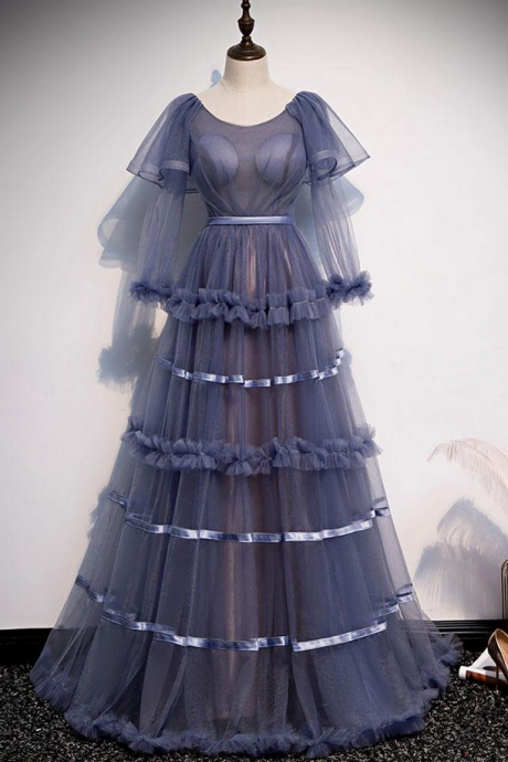 Blue Tulle Long Sleeve Prom Dress Evening Dress Hand Made Custom Ss713