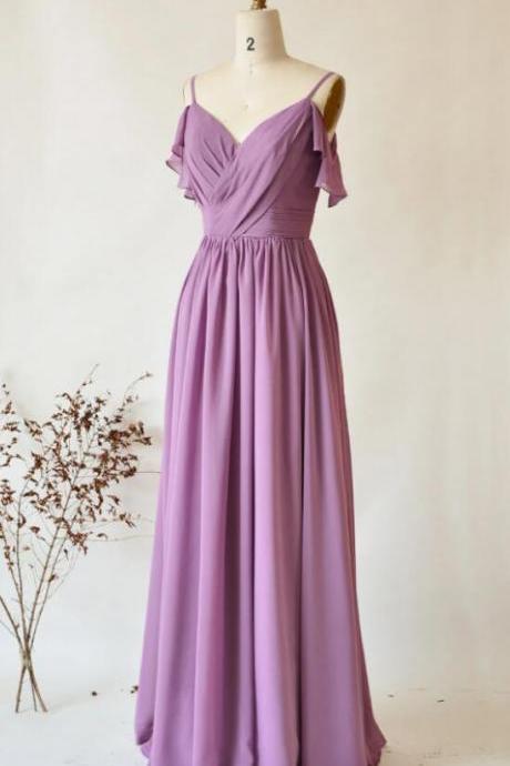 Purple Long Prom Dress Lace Up Back Spaghetti Strap Chiffon A-line Floor Length Evening Dress Ss716