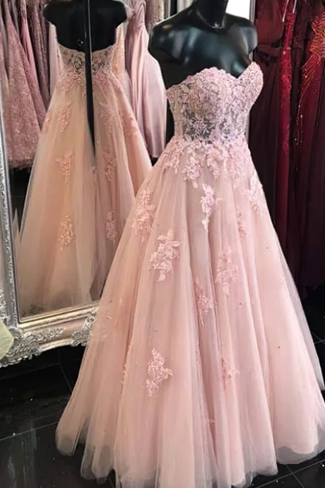 A-line Strapless Full Length Tulle Sweep Train Appliques Lace Prom Evening Dresses Ss720