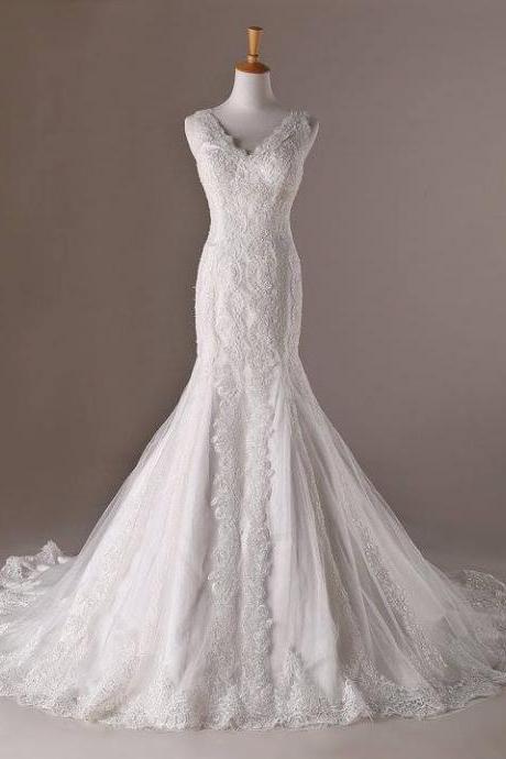 White Lace Floor Length Tulle Mermaid Wedding Dress Hand Made Custom Ss730