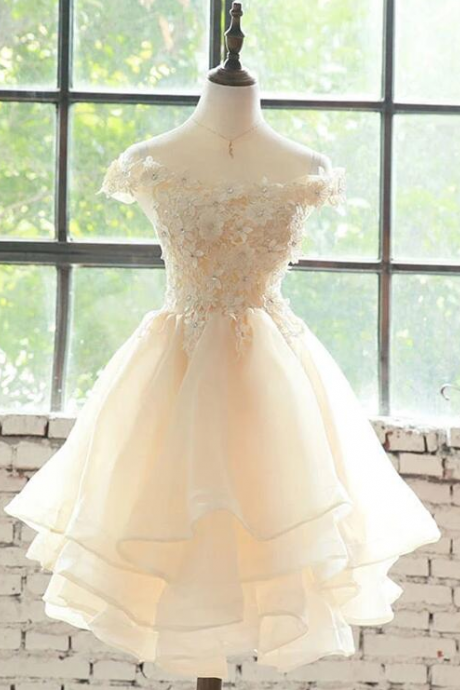 Champagne Lovely Flowers Organza Layers Short Party Dress Hand Made Cute Homecoming Dress Prom Dress Ss742