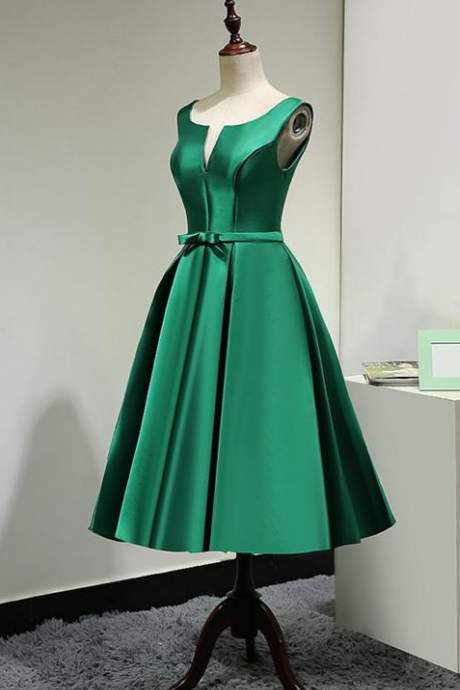 Hand Made Custom Green Satin Tea Length Bridesmaid Dress, Lovely Homecoming Dress Ss743