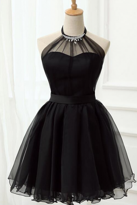 Black Tulle Halter Short Homecoming Dress, Black Prom Dress Ss744