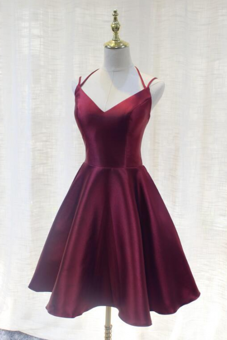 Wine Red Straps V-neckline Short Party Dress Lovely Satin Homecoming Dress Ss745