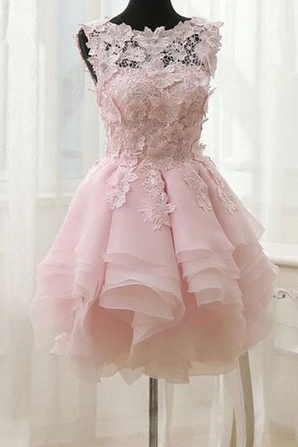 Pink Lace Short Prom Dress Hand Made Cute Homecoming Dress Ss746
