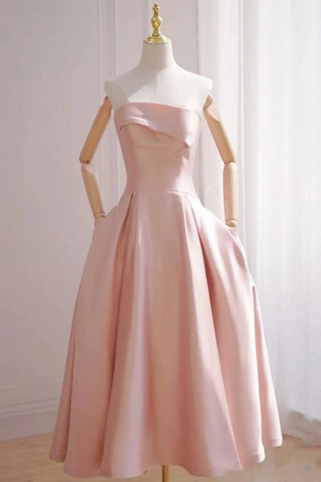 Pink Simple Style Strapless Tea Length Party Prom Evening Dresses Ss757