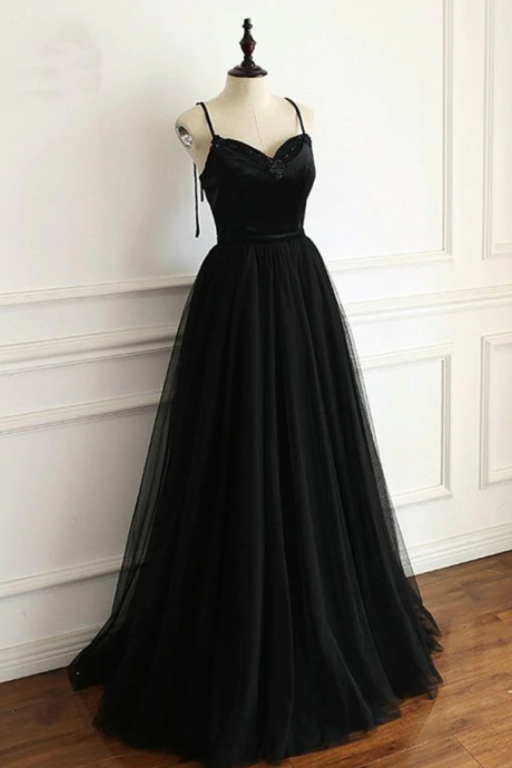 Black V-neck Spaghetti Strap Backless Tulle Long Evening Prom Dresses Ss760