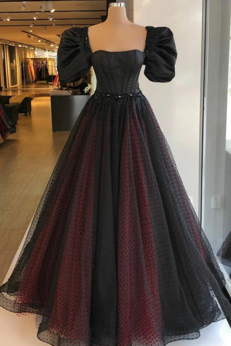 Hand Made Custom Black & Burgundy Dotted Tulle Prom Dress Puffy Sleeves Square Neckline Dress Beading Evening Dress Ss764
