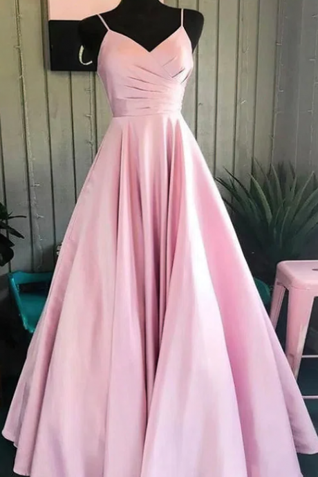 A-line V-neck Pink Satin Sweep Train Ruffles Prom Dresses Evening Dress Ss770