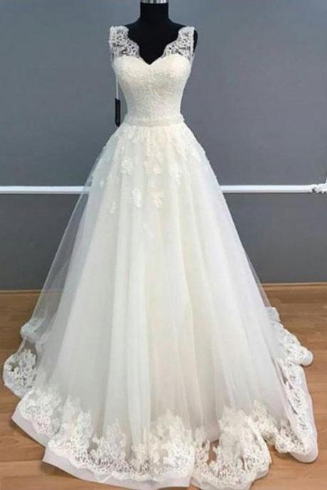 Hand Made Elegant A-line V-neck Sleeveless White Long Prom/wedding Dress With Lace Ss775