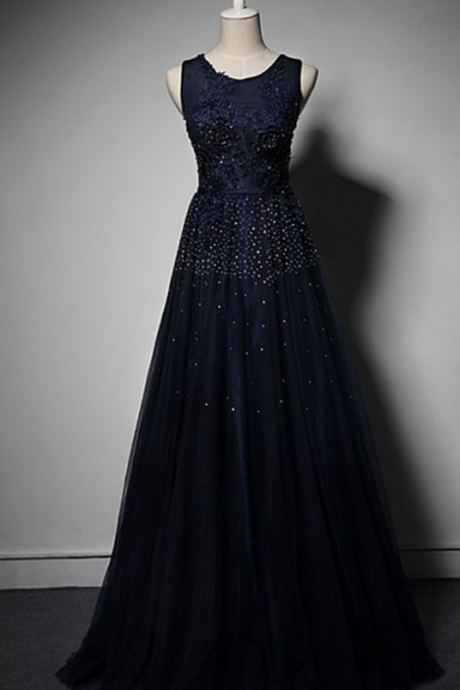 Hand Made Long Luxury Formal Dress Tulle A Line Prom Dress Sleeveless Evening Dress Ss786