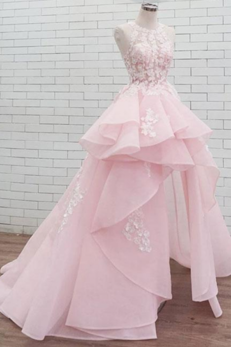 Pink Round Neck Lace Long Prom Dress Evening Sweet 16 Dress Ss793