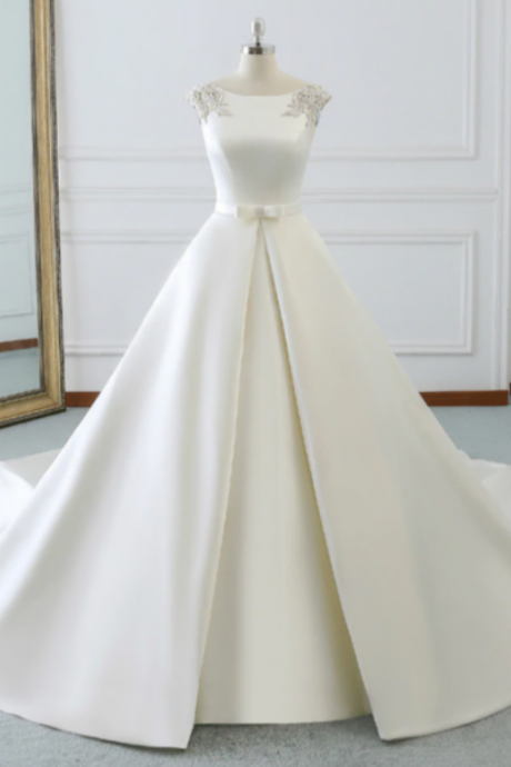 Hand Made White Satin Cap Sleeve Backless Wedding Dress With Pearls Ss794