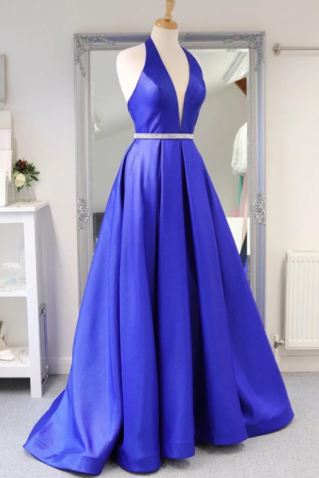 Blue Satin Deep V Neck Simple Long Prom Dress Backless Evening Party Dresses Ss805