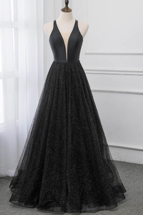 Sexy Black Deep V Neck Long Prom Dresses Backless Tulle Formal Evening Party Dress Ss806
